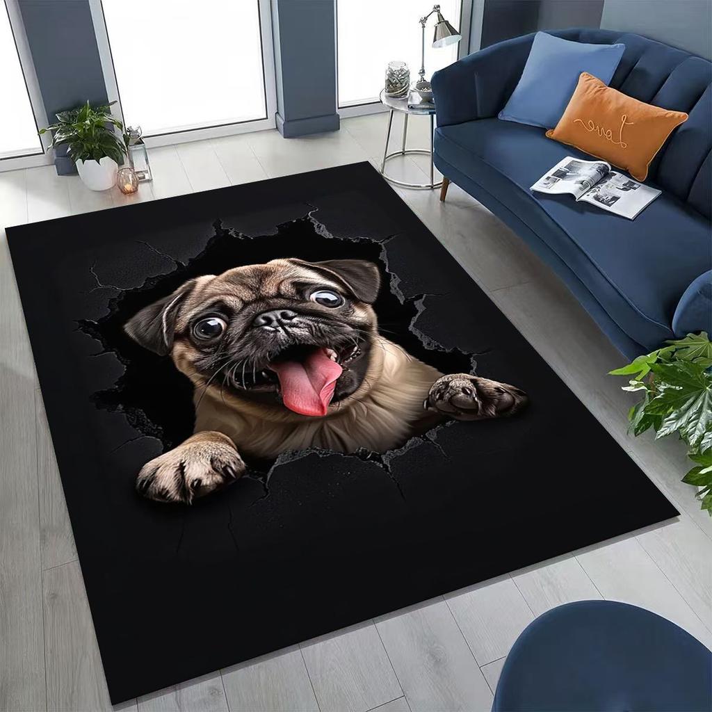Tapete Fofo Cão Filhote Quebrando a Parede Ilusão 3D para Quarto Sala de Estar Sofá Casa Capacho Decoração, Tapete Grande Antiderrapante para Brincar de Crianças