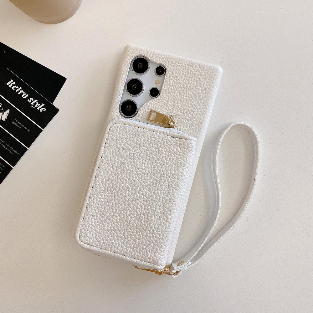 For Samsung Galaxy S23 Ultra Case Zipper Card Slots PU Leather Phone Back Cover with Wrist Strap