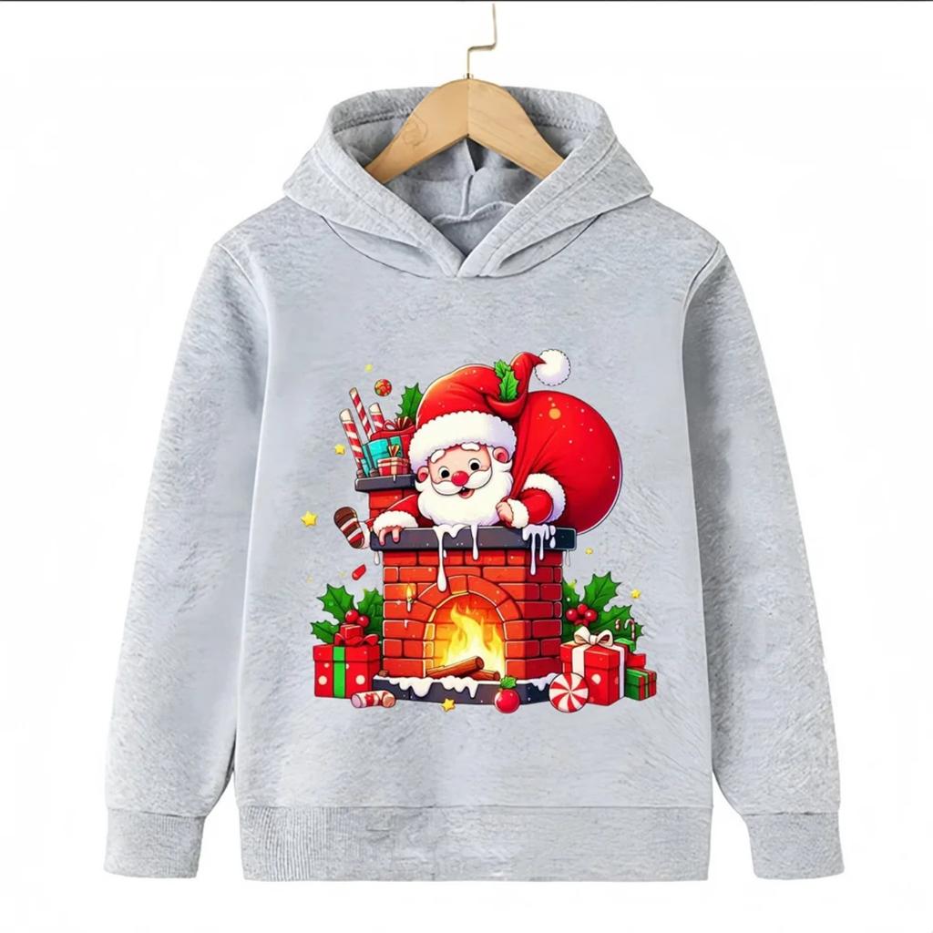 2025 Christmas Cute Christmas Chimney Festival Dress Up Girl Autumn/Winter Hoodie Hoodie Suitable for Children Aged 4-14 Warm Top