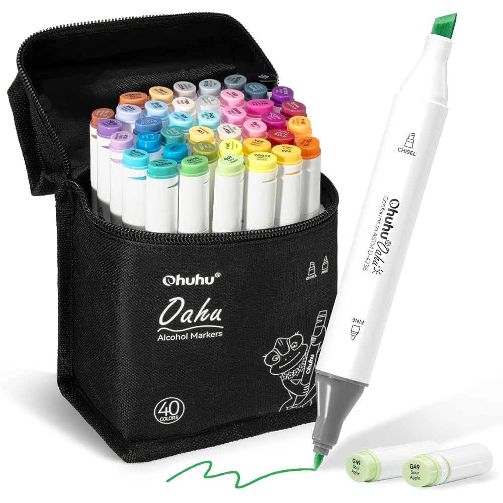 Ohuhu 40 Color Alcohol Markers Dual Tip Permanent Art Markers Kids Highlighter Drawing Sketch Mar...