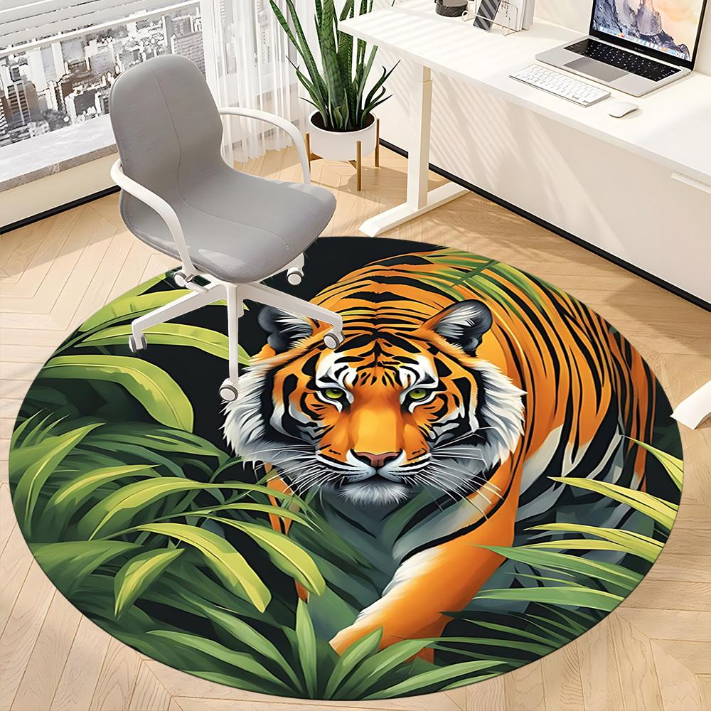 1pc Tiger Jungle Print Chair Carpet for Office, Round Non Slip Durable Large Size Office Carpet, Suitable for Office