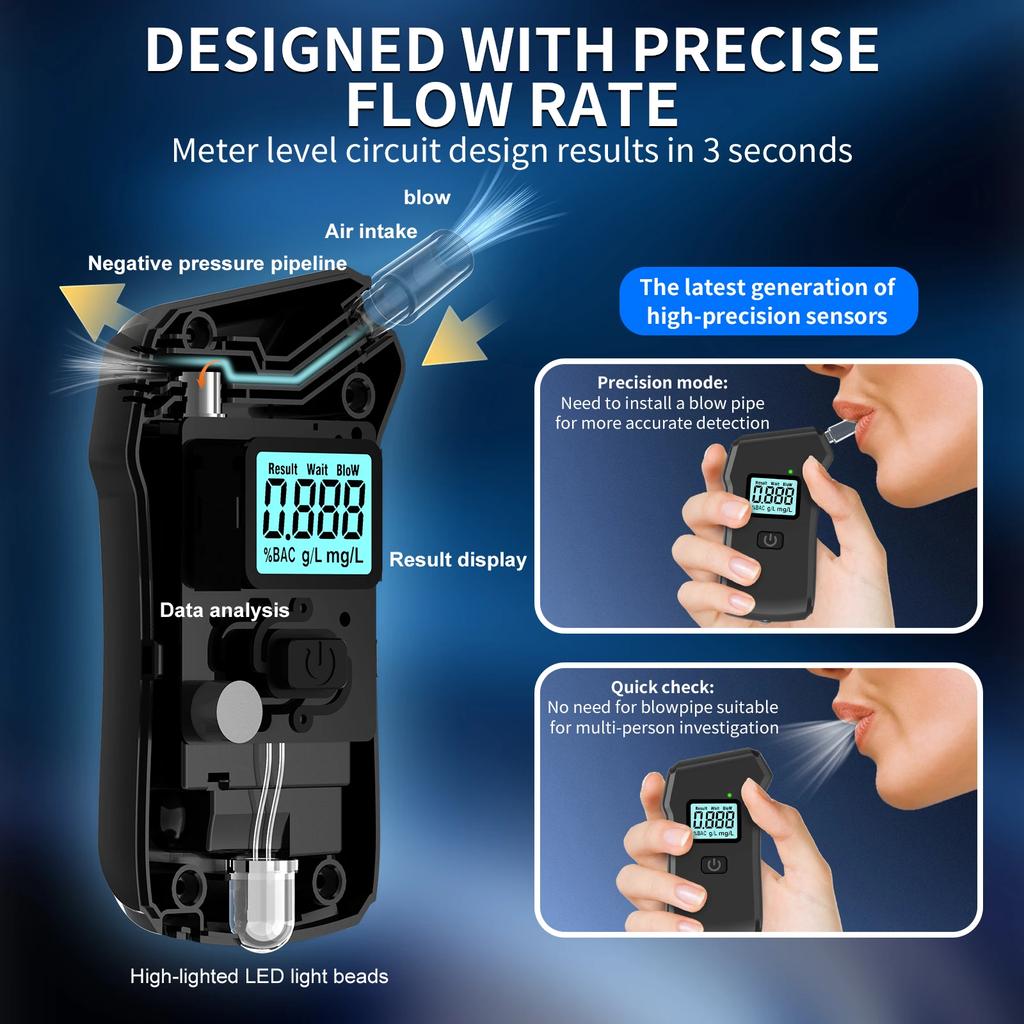 Portable Digital Alcohol Breath Tester LCD Display Breathalyzer Detector Blowing Detection Drunk Driving with 5 Mouthpieces