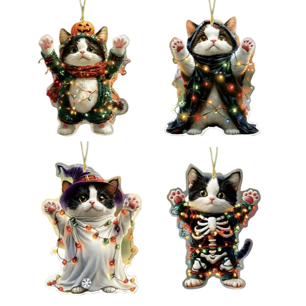 Acrylic Car Pendant Cartoon Car Mirror Decor Spooky Halloween Car Accessories Skull Cat Rearview Mirror Pendant for Backpack