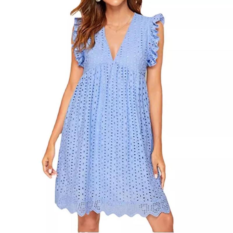 Vestito estivo da donna bianco mini con scollo a V, ricamo a giorno, maniche a balze, linea ad A morbida, da spiaggia con tasche