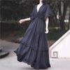 Johnature Women Vintage Tierred Dress V-Neck Short Sleeve Solid Color Summer Patchwork Casual Female Dress