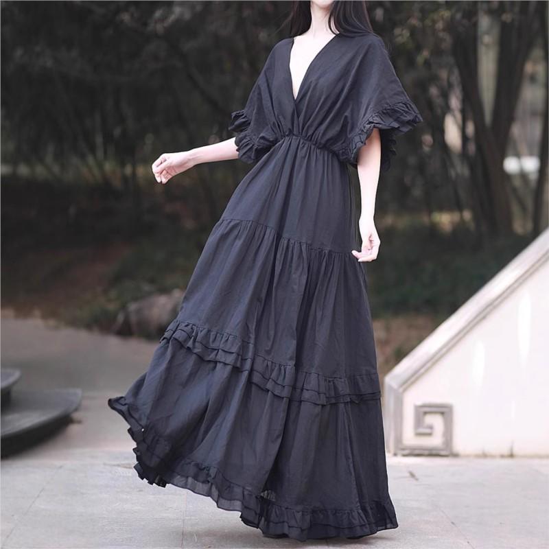 Johnature Women Vintage Tierred Dress V-Neck Short Sleeve Solid Color Summer Patchwork Casual Female Dress