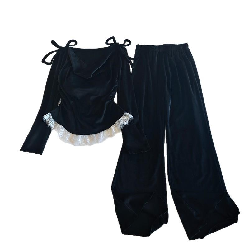 Women's French Lace Floral Long Pajama Set - Sea Island Velvet, Long Sleeve & Pants for Seasons