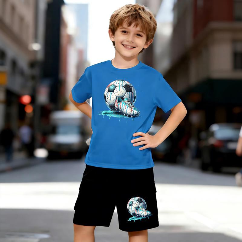 Boys 2 Piece Football-themed Printed Outfit, Short Sleeve T-Shirt and Shorts Set for Kids Age 5-14,Black and White Sporty Casual Summer Clothes