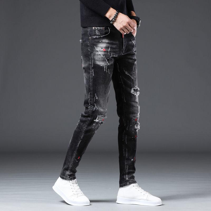 Podzimní Práce Roztrhaná Díra Černé Kovbojské Hip Hopové Tečkované Inkoustové Slim Džíny Pánské Luxusní Džínové Kalhoty Pánské