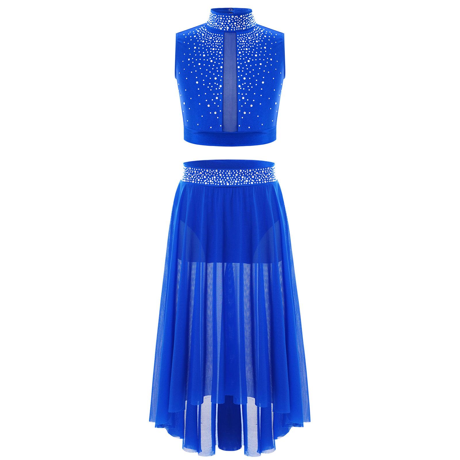 

Дівчачий танцювальний костюм Блискучий кроп-топ З вирізом на спині Спідниця з сітки з нерівним подолом Розріз збоку Набір для виступу 13-14 Years синій