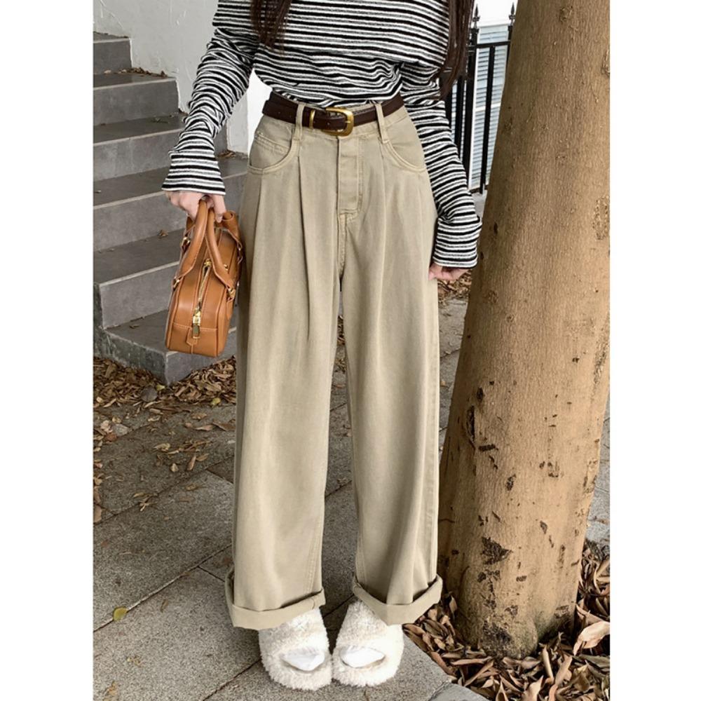 

Корейские свободные брюки широкого кроя повседневные джинсы женские весенне-осенние новые универсальные драпирующиеся джинсы, подметающие пол, тренд S хаки