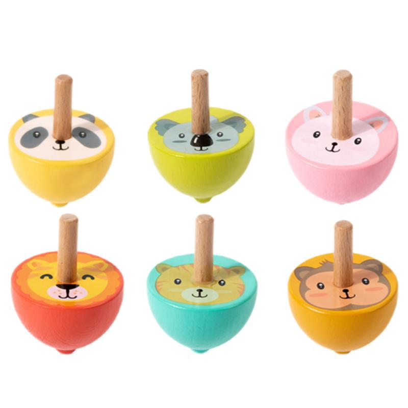 6pcs Wooden Spinning Top Toys Cartoon Childhood Wooden Gyro Fidget Toys Kids Montessori Colorful Spinning Gyro Birthday Gifts