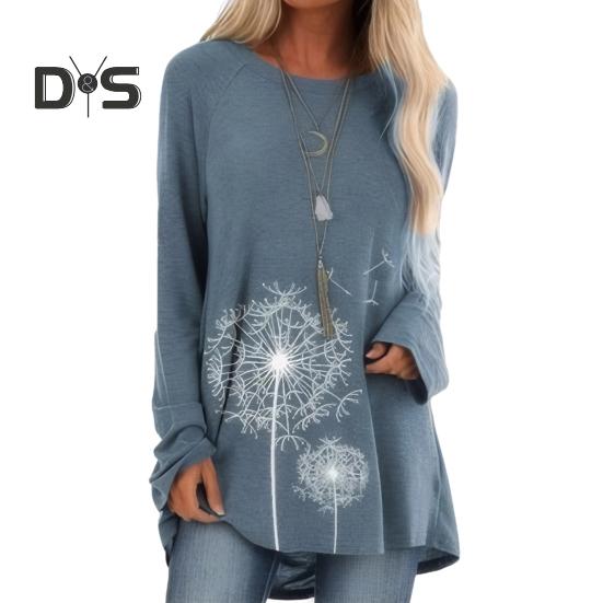 Women's Plus Size Tunic Top Dandelion Print Longline Shirt Crew Neck Long Sleeve Pullover Tee Casual Loose Fit Blouse for Work Daily Life