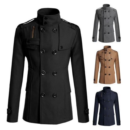 Men Coat Solid Color Double-breasted Formal Business Winter Jacket for Daily Wear