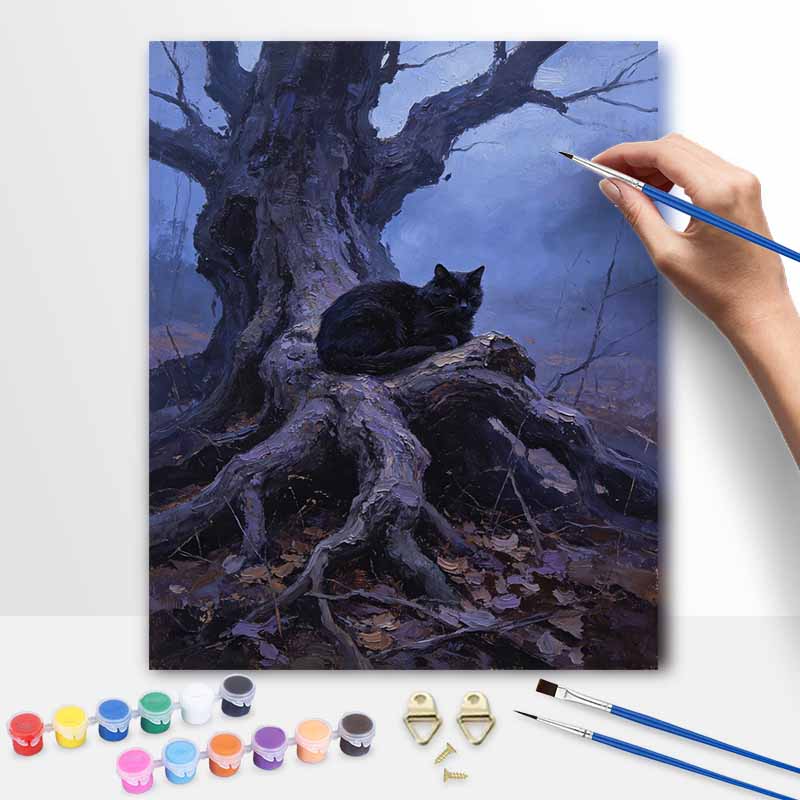 Halloween Digital Oil Painting Black Cat On Tree Coloring Painting Hand Painting Home Decoration