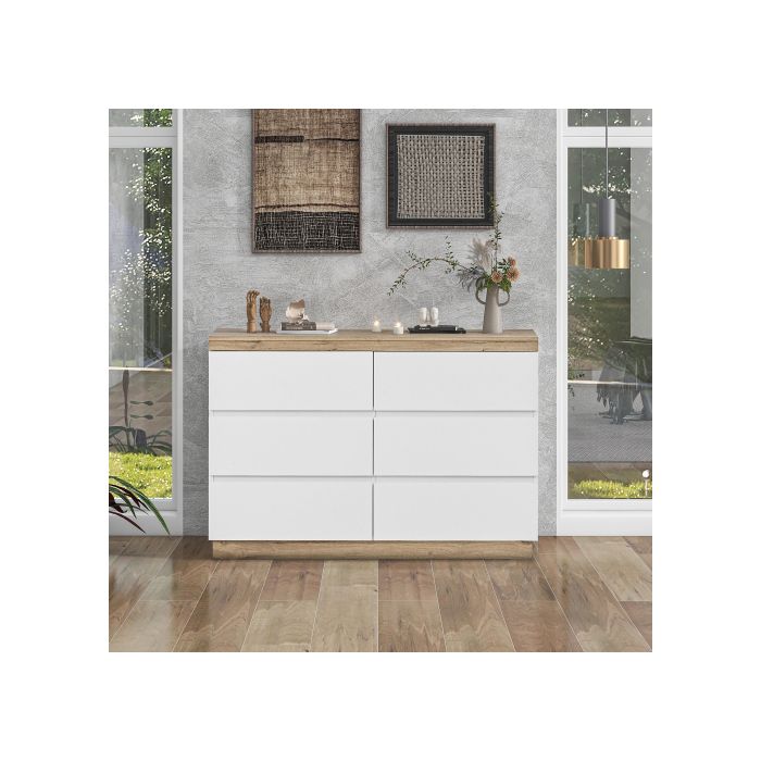 Commode Avec 6 Tiroirs, Casier, Fonction De Rangement, Pour Chambre Et Salon, Panneau De Particules E1, Blanc+oak