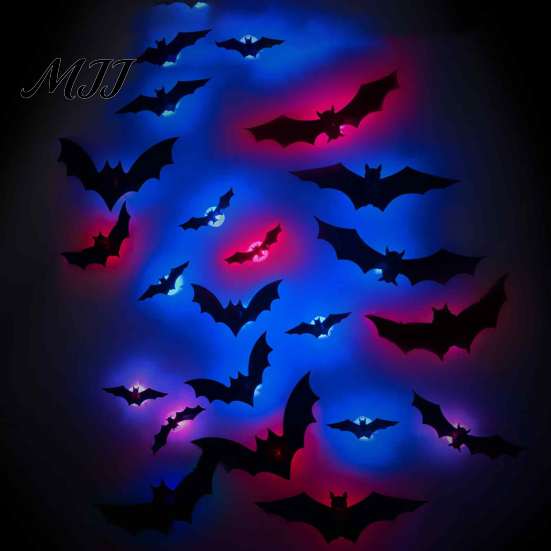 Easy Stick Halloween Wall Art LED Flying Bat, 3D Glowing Creepy Bats Decor, Festive Holiday Party Decorations 6 Sizes Durable PVC Ornaments for Indoor