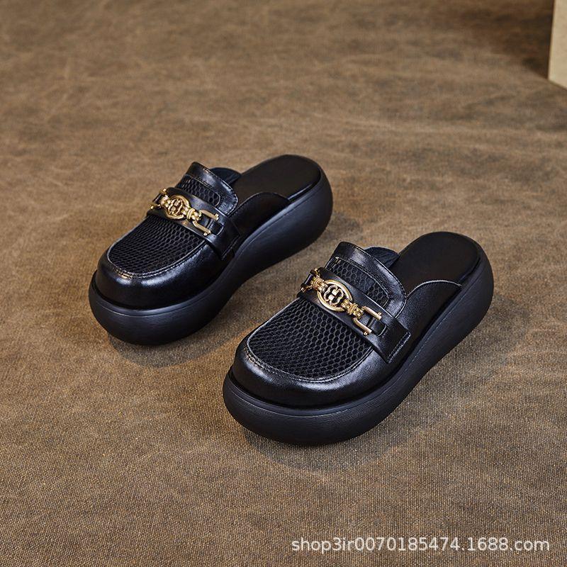 2024 summer new real soft leather bag head slippers women wear versatile thick-bottomed sandals small mesh half slippers women