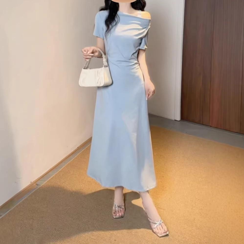 

2026 Summer French Off-Shoulder Slim-Fit Ruched Bodycon Dress with Cinched Waist Double Extra Large