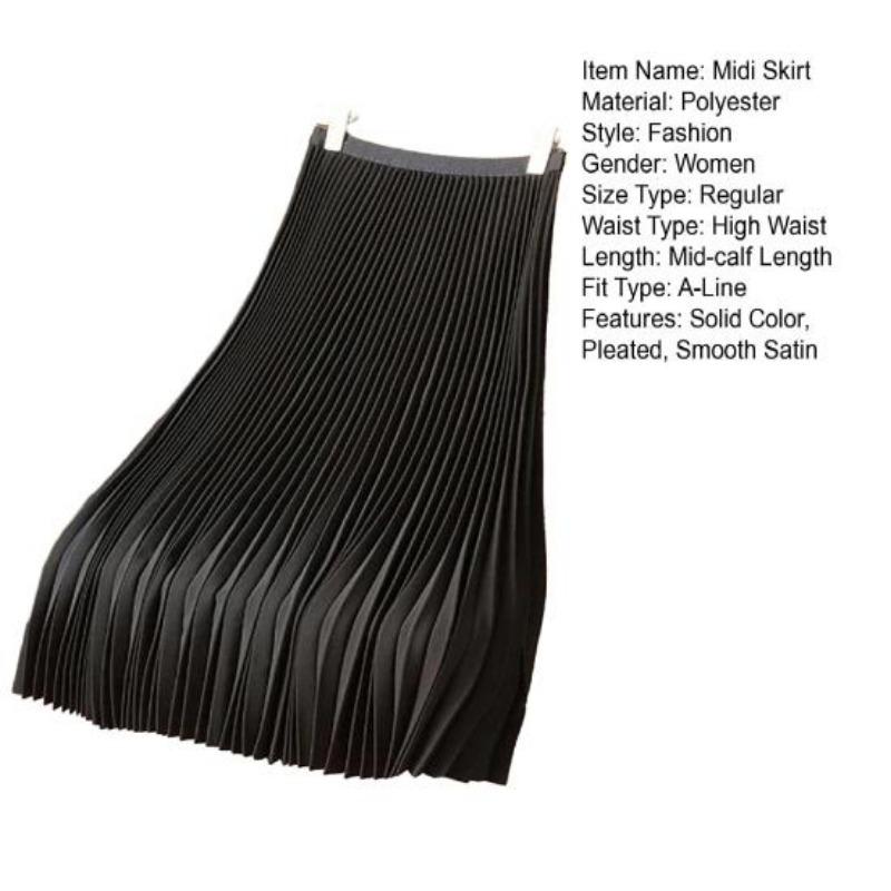 Women Vintage Midi Skirt Wide Elastic Waistband High Waist Pleated A-Line Skirt Solid Color Smooth Satin Long Skirt