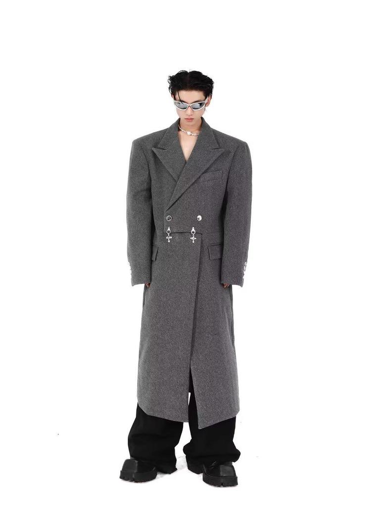 2025 Autumn Men's Plus Size Loose Wool Trench Coat with British Metal Detailing - Trendy Hong Kong Style