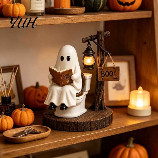 Miniature Ghost Ornaments Halloween Figurine, Vintage Cozy Reading Book/Walking Dog Statue with Lantern, Funny Statues Light Up Spooky Resin Tabletop