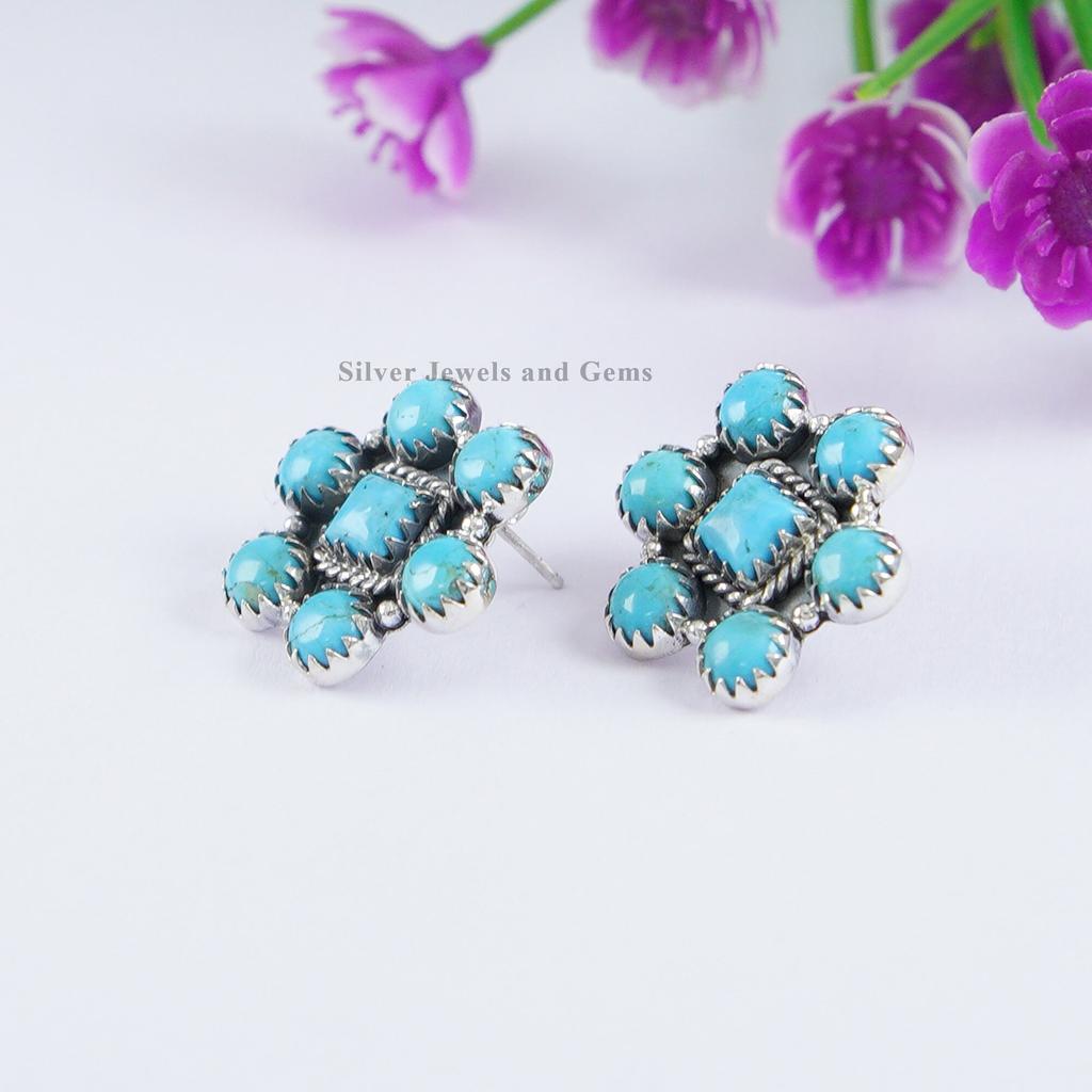 Arizona Turquoise 925 Sterling Silver Cluster Stud Earrings