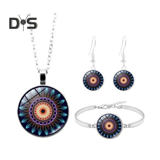 

1 комплект женских украшений с цветочным принтом, стеклянный кулон в винтажном этническом стиле, серьги для выпускного вечера, ожерелье, браслет, идеальный рождественский подарок E