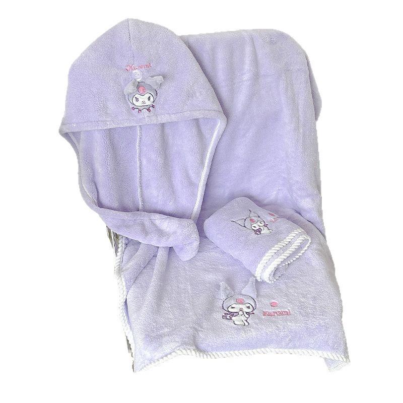 Kuromi Towel Set: Cute, Water-Absorbent, No-Shedding Bath Towel & Cap (3-Piece)