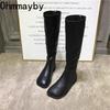 Street Style Stretch Women Knee High Boots Fashion Elegant Square Toe Shoes Women's Modern Flats Long Booties