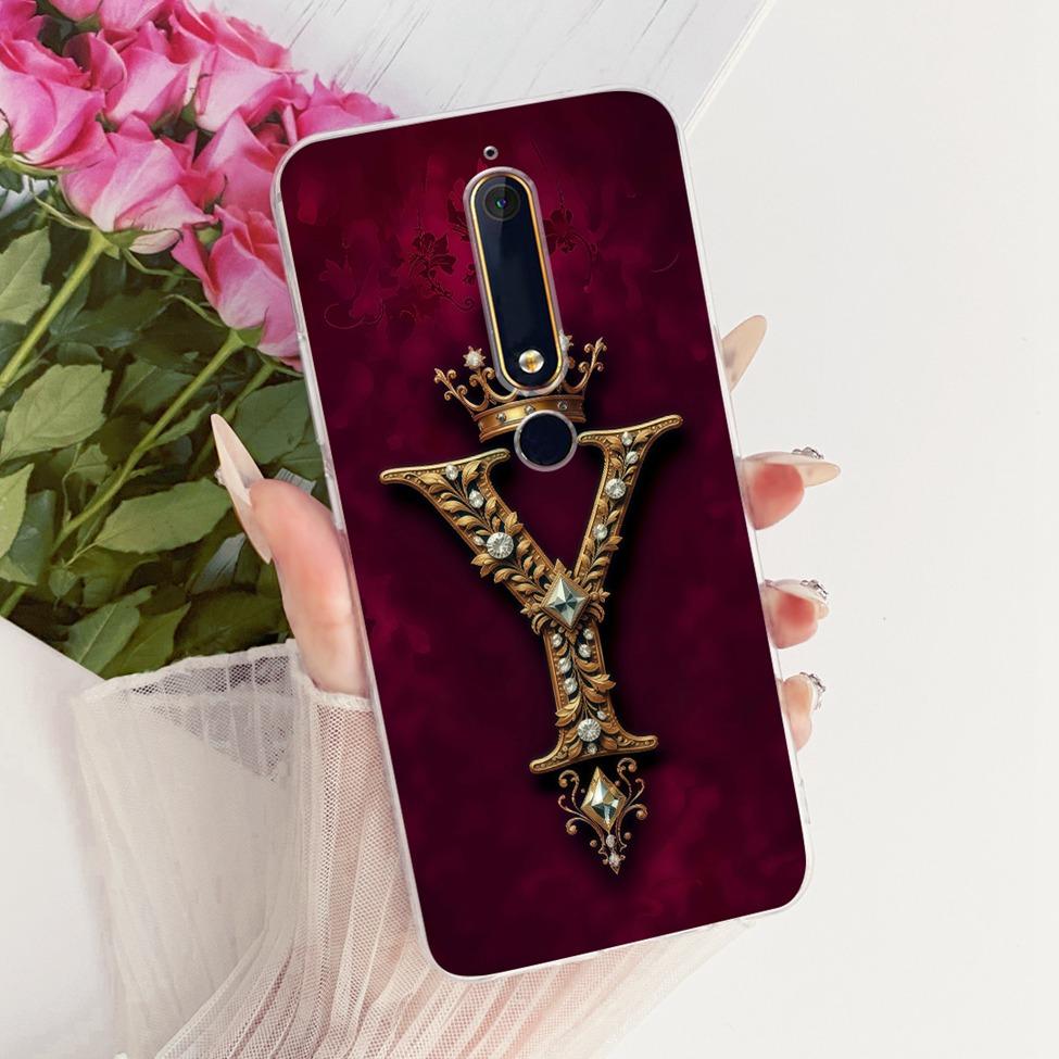 For Nokia 6 2018 Case Cover Transparent Luxury Crown A-Z Letters 2D Flat Pattern Soft Casing For Nokia 6