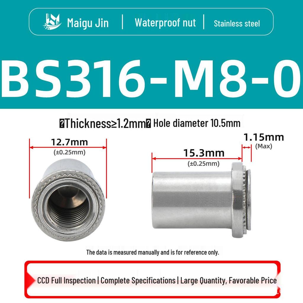 304/316 Stainless Steel Waterproof Sealing Nut, Press-In Thread, BS/BS4/BSS-M3M8