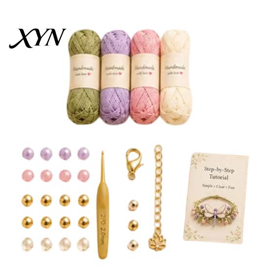 Artistic Bracelet DIY Nature-Inspired Crochet Kit, 3D Animals Plants Hand-Crocheted Handmade Kit Flower Maple Dragonfly Butterfly Jewelry Making Set,
