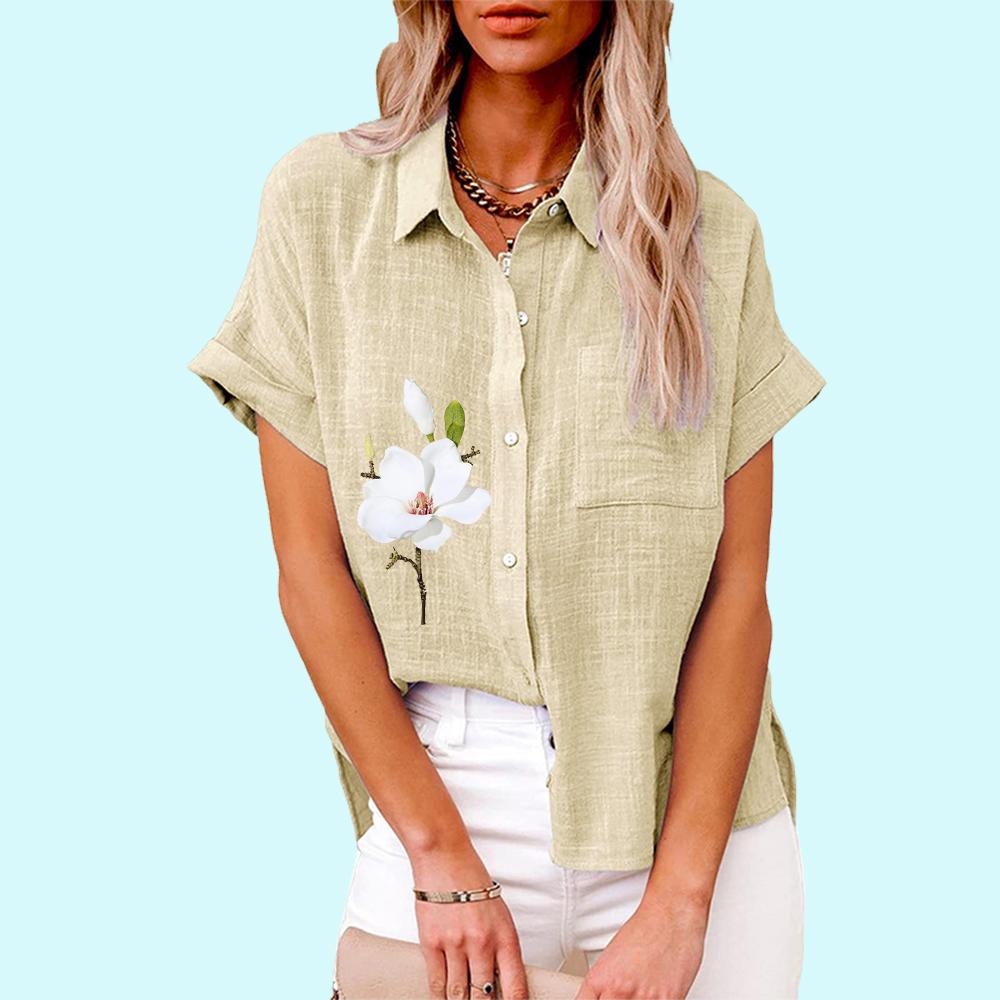 Plus Size Women Fashion Floral Print Blouse Casual Linen T-shirt Ladies Loose Buttoned Short Sleeve Shirt