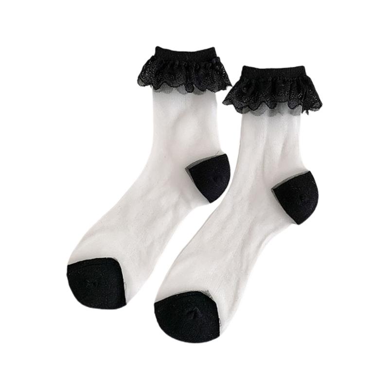 Damen Socken Japanische Lolitas Spitze Rüschen Verspielte Socken Niedliche Prinzessin Knöchelsocken Kristallglas Seide Transparent Socke