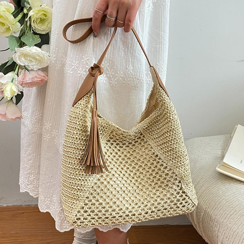 Yogodlns Borsa in Paglia Intrecciata Versatile da Appendere Estiva alla Moda con Lavorazione a Intreccio Vuota Borsa da Spiaggia in Erba Intrecciata a Mano Borsa a Spalla Singola da Donna