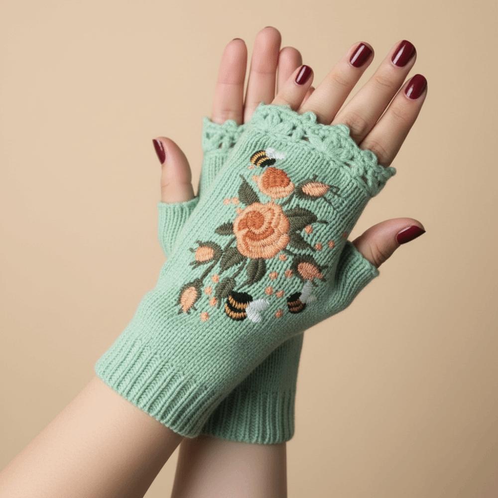Vintage Embroidery Knitted Gloves Floral Fingerless Gloves All-Match Winter Wool Gloves  Outdoor