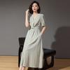 Elegant French V-Neck Puff Sleeve A-Line Midi Dress