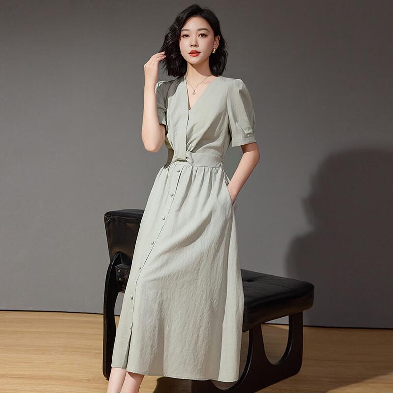 Elegant French V-Neck Puff Sleeve A-Line Midi Dress