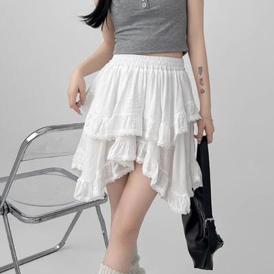 Elastic Waist White Black Irregular Mini Kawaii Skirt Japanese Style School Y2k Aesthetic Ruffles Short Skirt Women Streetwear