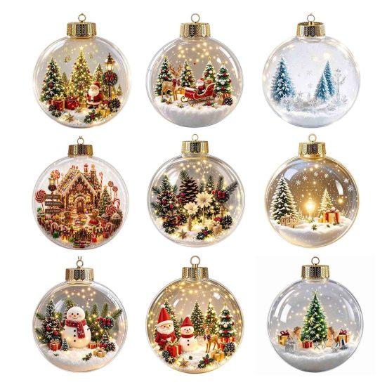 Glowing Tree Decorations Christmas Story Ornament, Mini Holiday Scene In Ball Hanging Decoration, Gift for Friends Light Up Acrylic Clear Pendant Xmas