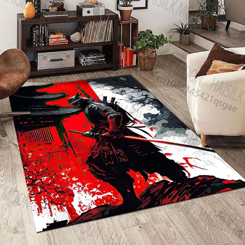 Samurai with Swords Red-white Pattern Rug Carpets for Bedroom Living Room Sofa Mat Creative Door Mat Cloakroom Home Decor