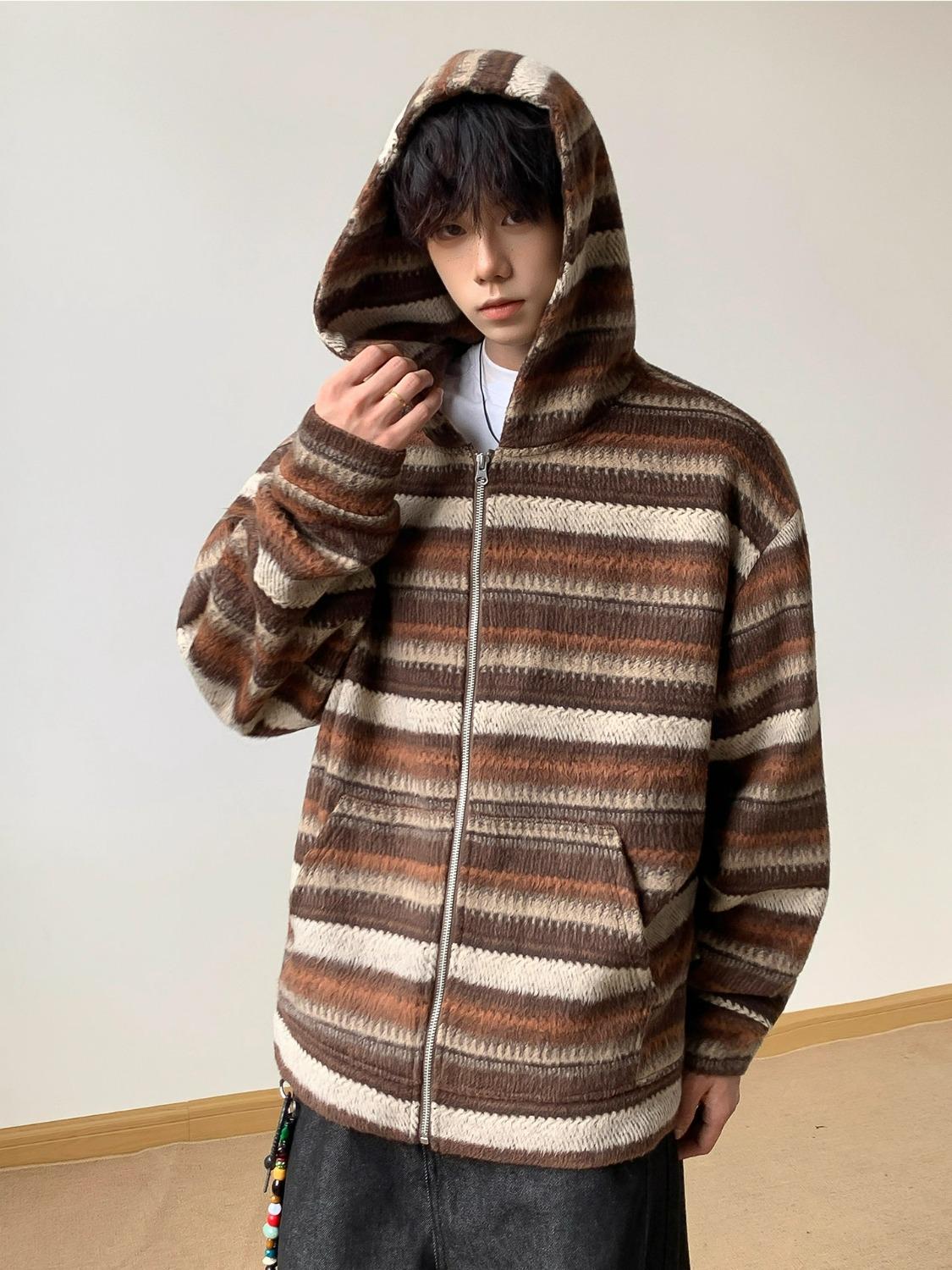 

Unisex Dark Gray Striped Japanese Style Hoodie Cardigan, Autumn Woolen Outerwear, Relaxed Fit Extra Large коричневий