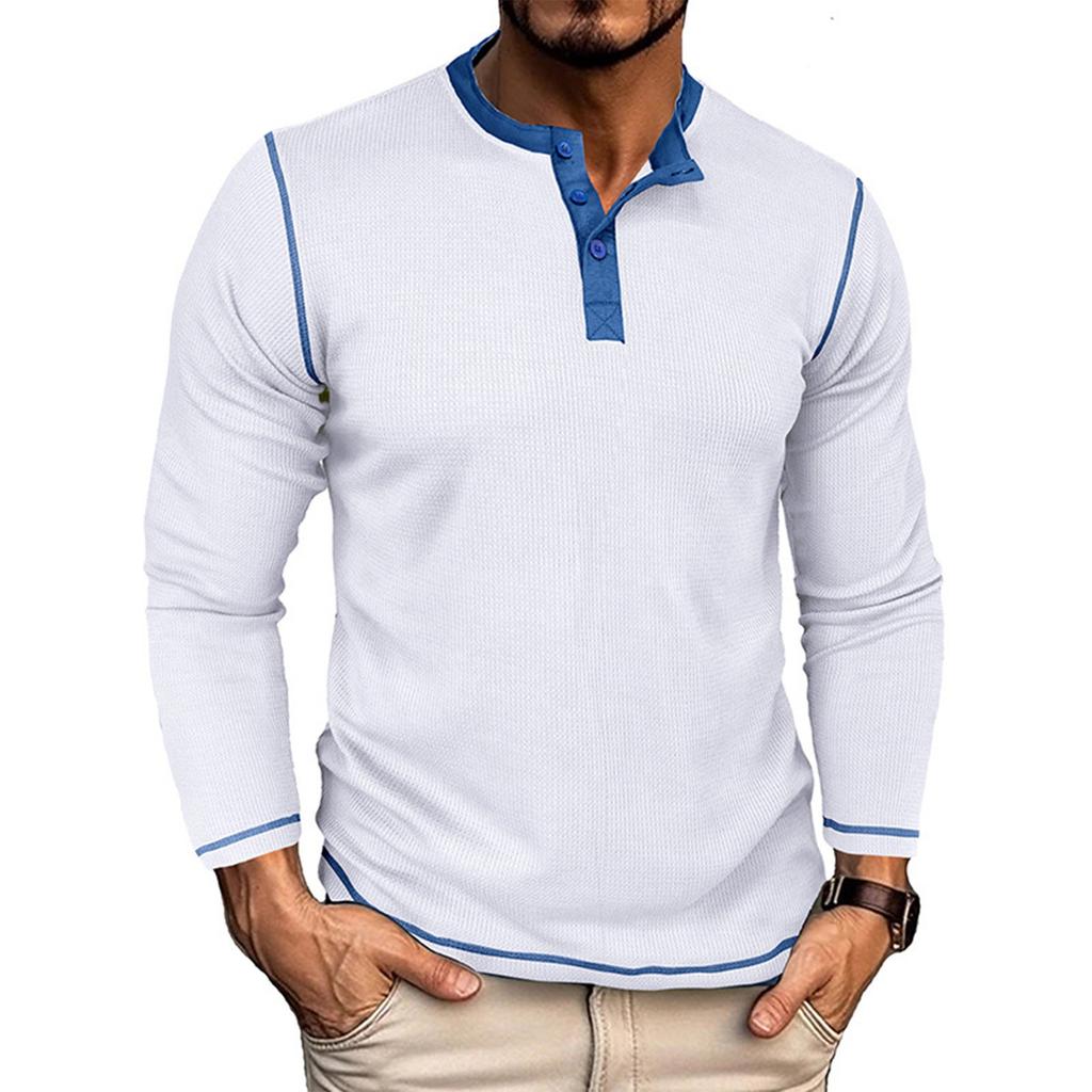 Men's Color Blocked Versatile Long Sleeved Shirt Retro T-shirt Bottom Shirt