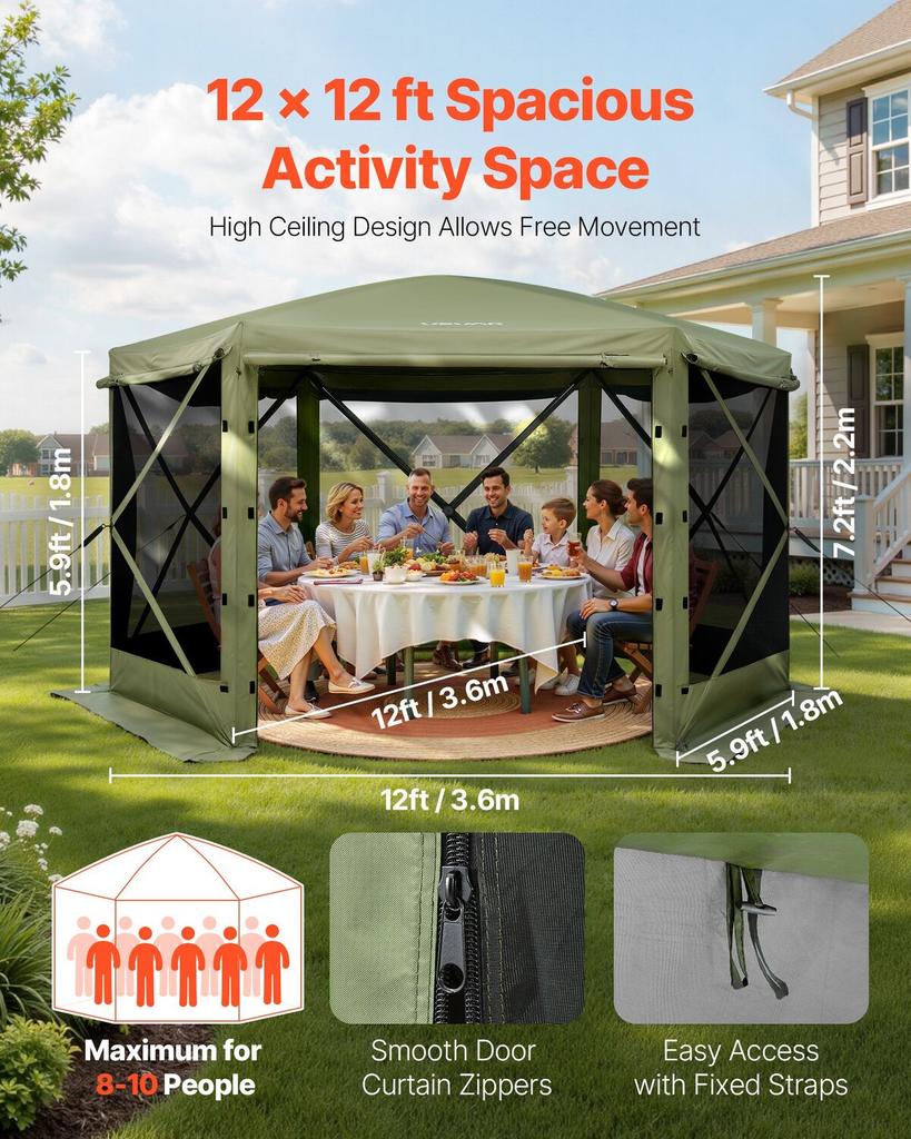 Pop up Gazebo Screen Tent, 3.6 x 3.6 m Large 6-Sided Camping Canopy Tent with Removable Top & Carry Bag, Quick-Set & Bite-Proof, Screen House Sun