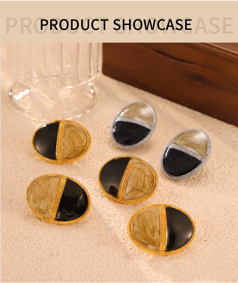 18k Gold-Plated Two-Tone Oval Button Earrings with Titanium Steel Ear Cuffs - European, American, Japanese, Korean Style.