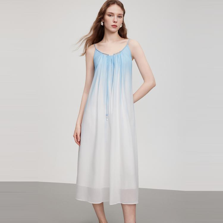 Elle Fashion Gradient Design Drawstring Slim Long Dress Women dresses Blue EL51123