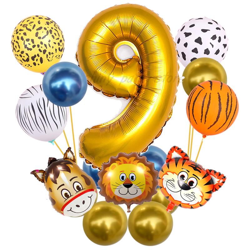 0-9 Years Old Birthday Party Balloon Set Children Tiger Lion Donkey Animal Aluminum Foil Balloons Jungle Theme Ballon Decoration