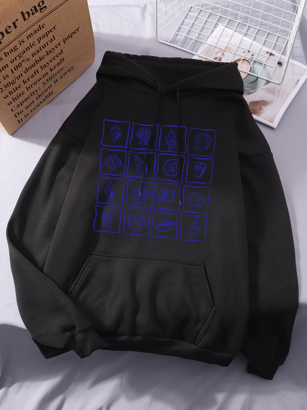 

Sea Shell Collection Printing Hoodies Women Winter Fleece Warm Sweatshirts Casual Pocket Tops Comfortable Loose Womans Clothes 2XL