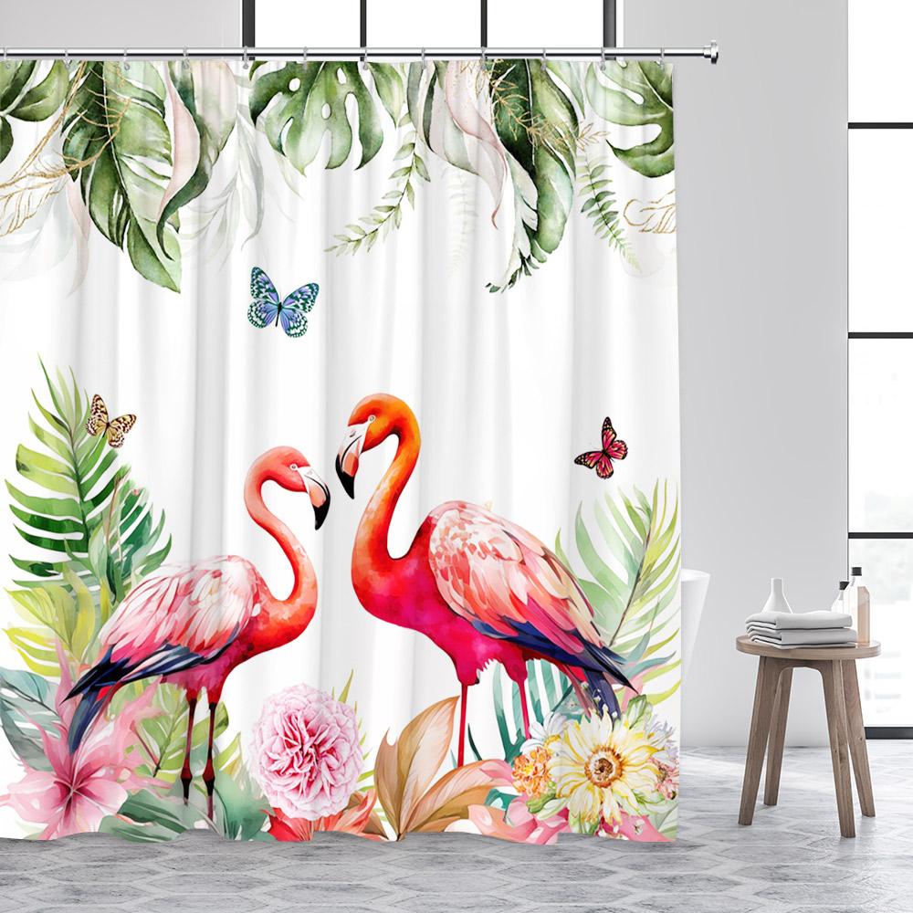 

Tropical Flamingo Shower Curtain Floral Butterfly Green Monstera Palm Leaves Plant Bath Curtain Fabric Bathroom Decor With Hooks W60H190(CM)-1 Pcs